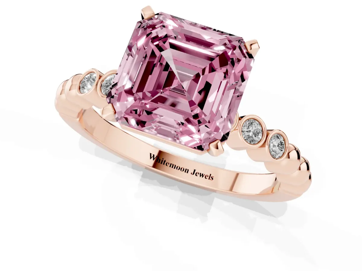 Fancy Pink Asscher Cut Solitaire Bezel Accent Diamond Engagement Ring with Beaded Band and Four-Prong Setting Rose gold