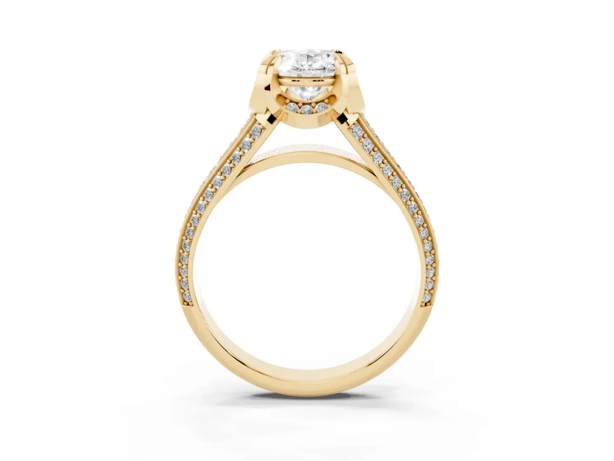 Oval Cut Solitaire Pave Split Shank Ring with Four-Prong Setting Yellow gold