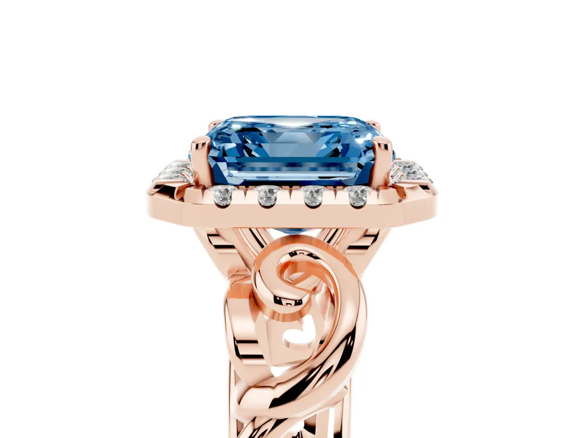 Fancy Blue Asscher Cut Cut Halo Diamond Ring with Scrollwork Band and Four-Prong Setting Rose gold