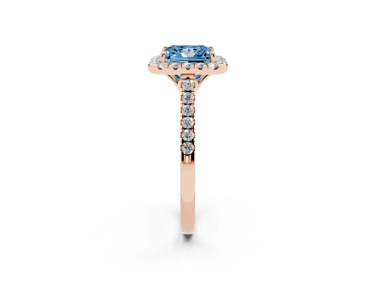 Fancy Blue Princess Cut Halo Pavé Diamond Engagement Ring with Four-Prong Setting Rose gold