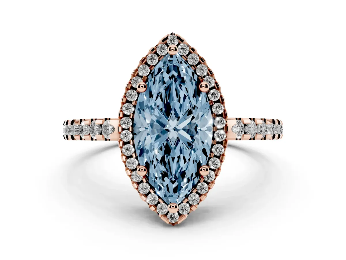 Fancy Blue Marquise Cut Diamond Halo Engagement Ring with Pavé Band and Prong Setting Rose gold