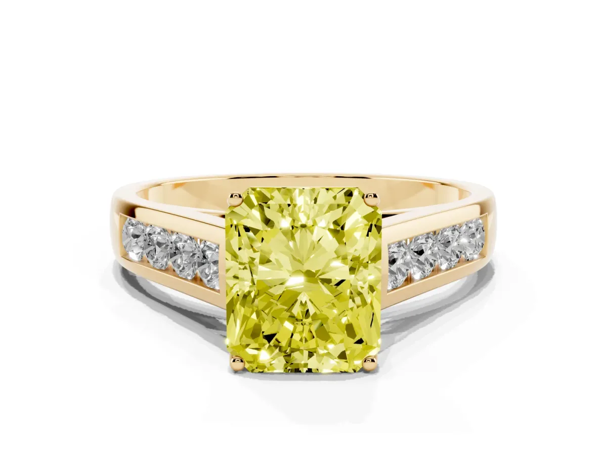 Fancy Yellow Radiant Cut Brilliant Channel-Set Solitaire Ring with Four-Prong Setting Yellow gold