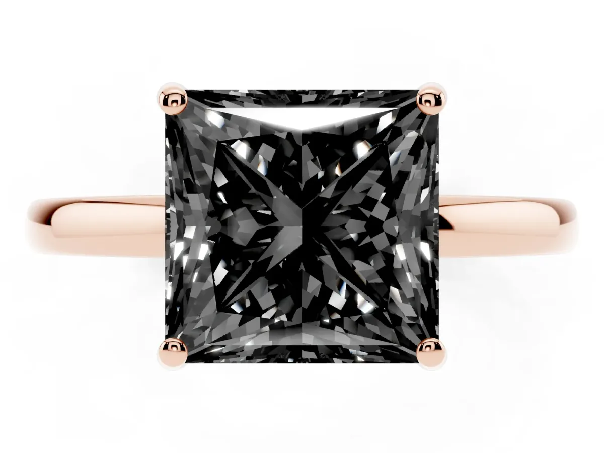 Fancy Black Princess Cut Solitaire Diamond Ring with Prong Setting and Plain Band Rose gold