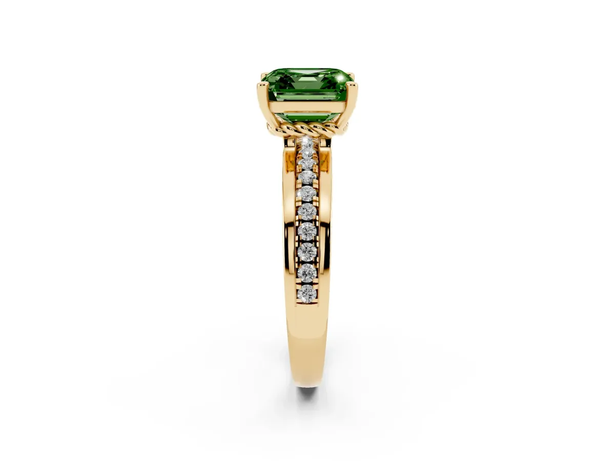 Fancy Green Asscher Cut Solitaire Diamond Ring with Channel Set Band and Six-Prong Setting Yellow gold