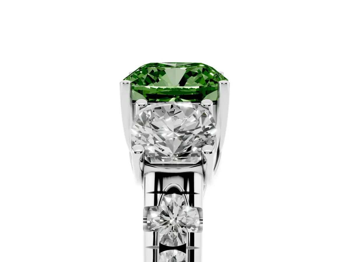 Fancy Green Three-Stone Cushion Cut Diamond Pavé Band with Prong Setting Silver