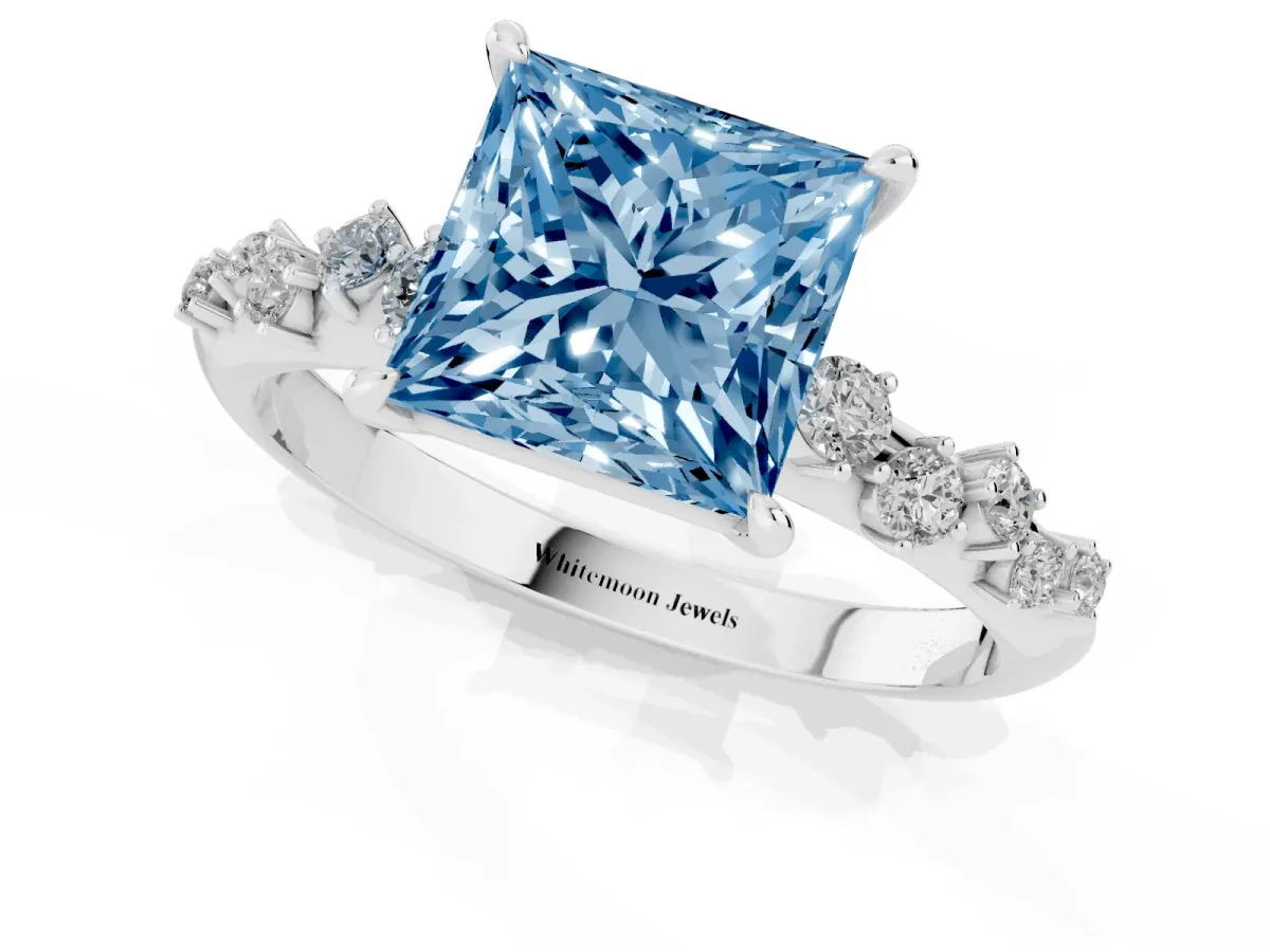 Fancy Blue Princess Cut Diamond Cluster Side Stone Solitaire Ring with Prong Setting Silver