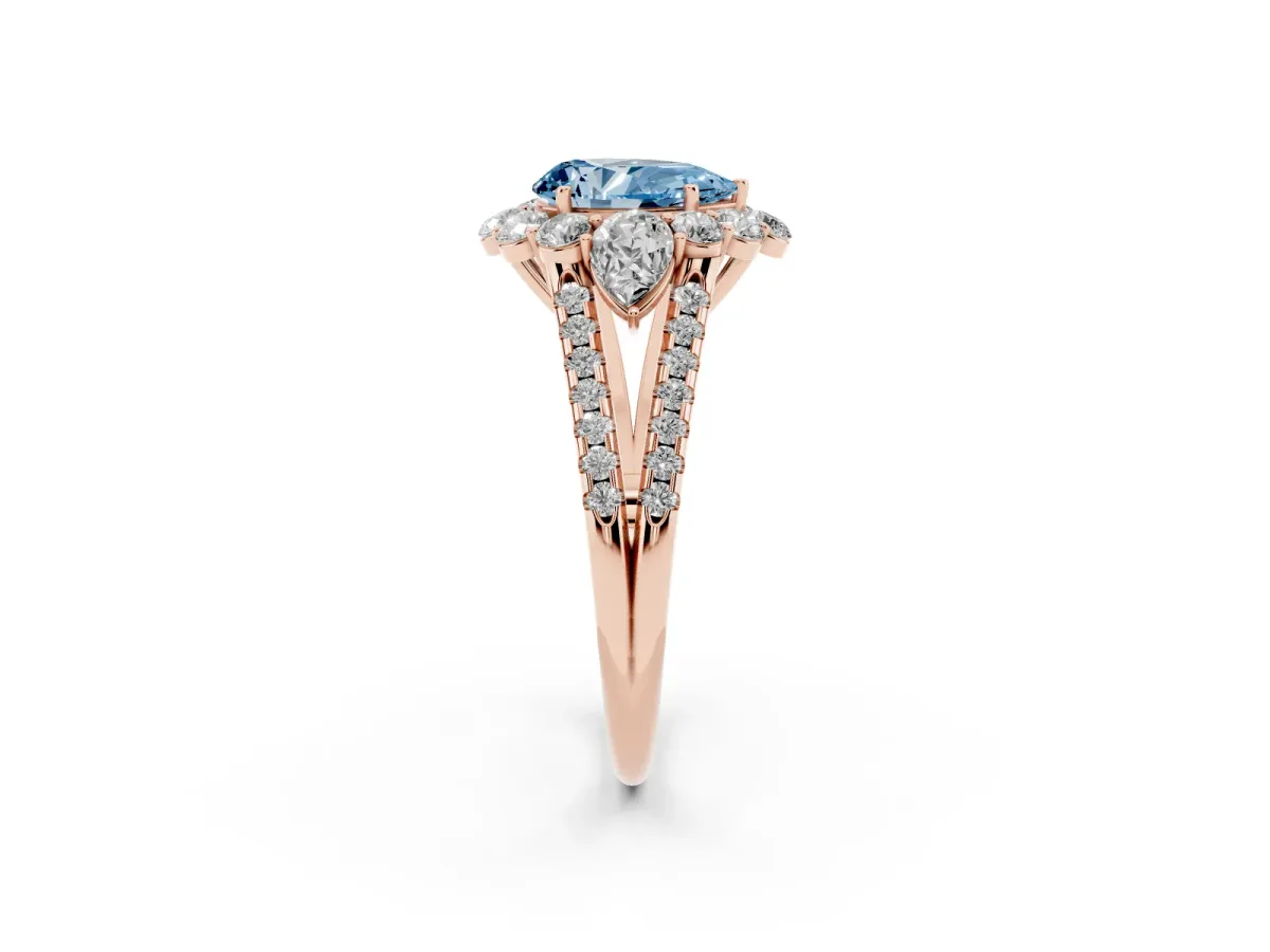 Fancy Blue Pear Cut Halo Split Shank Diamond Engagement Ring with Prong Setting Rose gold