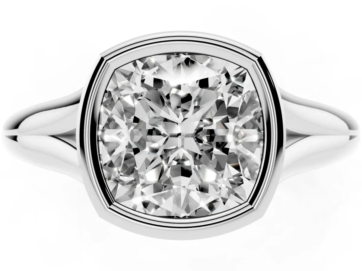 Bezel Set Cushion Cut Solitaire Diamond Ring with Smooth Band Silver