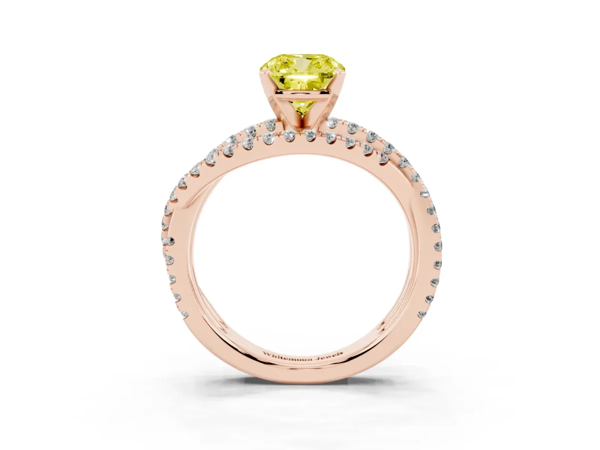 Fancy Yellow Cushion Cut Solitaire Twist Band with Pavé Setting and Four-Prong Setting Rose gold