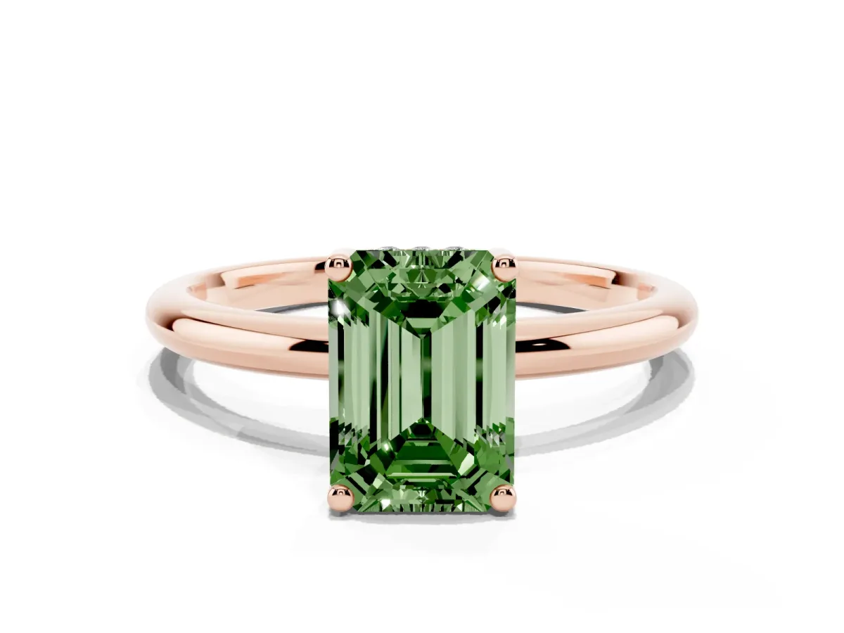 Fancy Green Emerald Cut Cut Solitaire Engagement Ring with Four-Prong Setting and Classic Band Rose gold