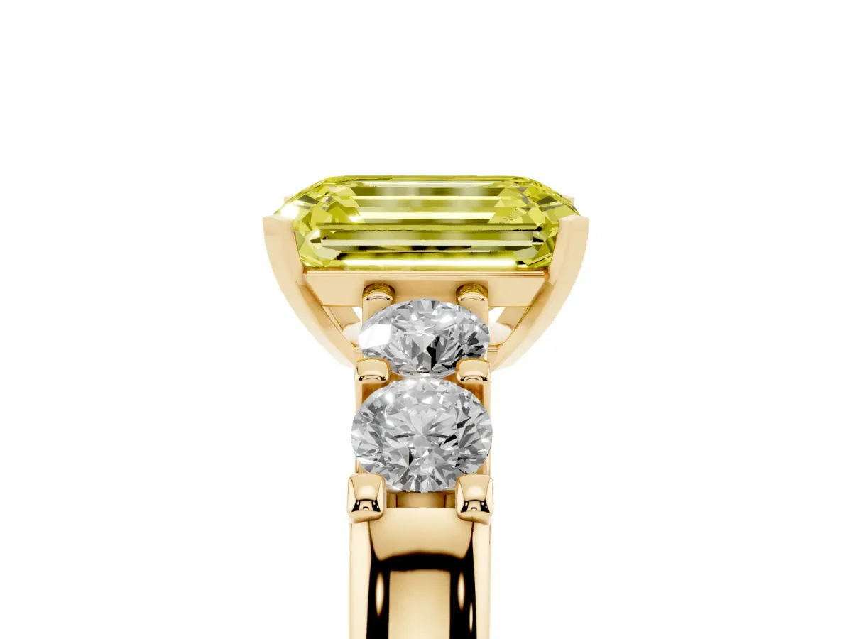 Fancy Yellow Emerald Cut Brilliant Cut Diamond Five-Stone Prong Set Engagement Ring with Channel Band Yellow gold