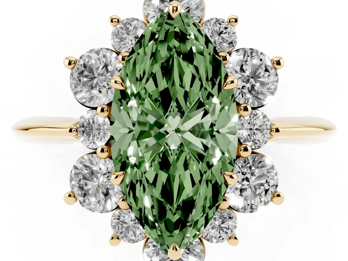 Fancy Green Marquise Cut Diamond Cluster Halo Ring with Solitaire Band and Four-Prong Setting Yellow gold