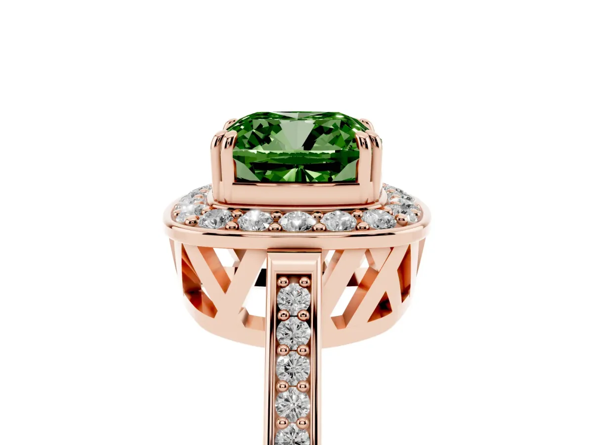 Fancy Green Cushion Cut Diamond Halo Ring with Split Shank and Four-Prong Setting Rose gold