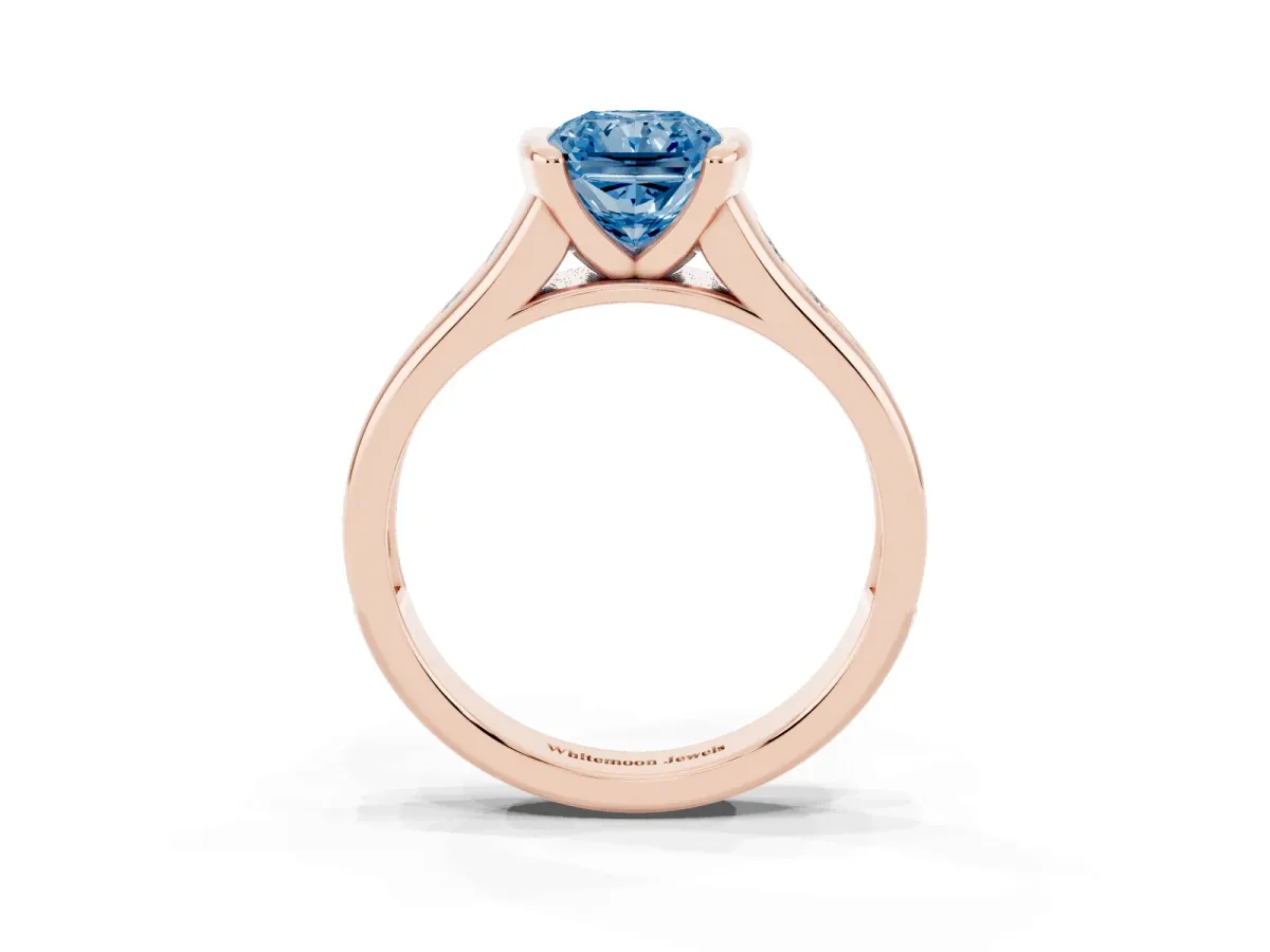 Fancy Blue Radiant Cut Solitaire Bezel-Set Diamond Ring with Channel-Set Band Rose gold