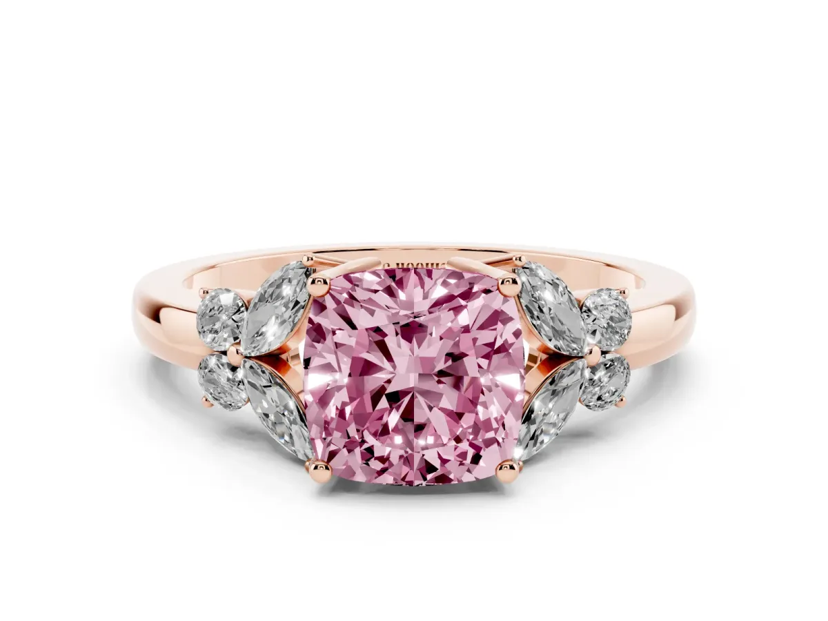 Fancy Pink Cushion Cut Cut Solitaire Floral Diamond Ring with Four-Prong Setting Rose gold
