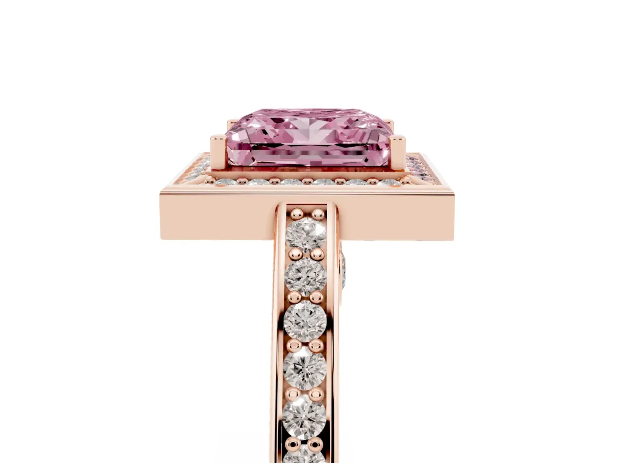 Fancy Pink Princess Cut Cut Halo Pave Split Shank Prong Setting Ring Rose gold