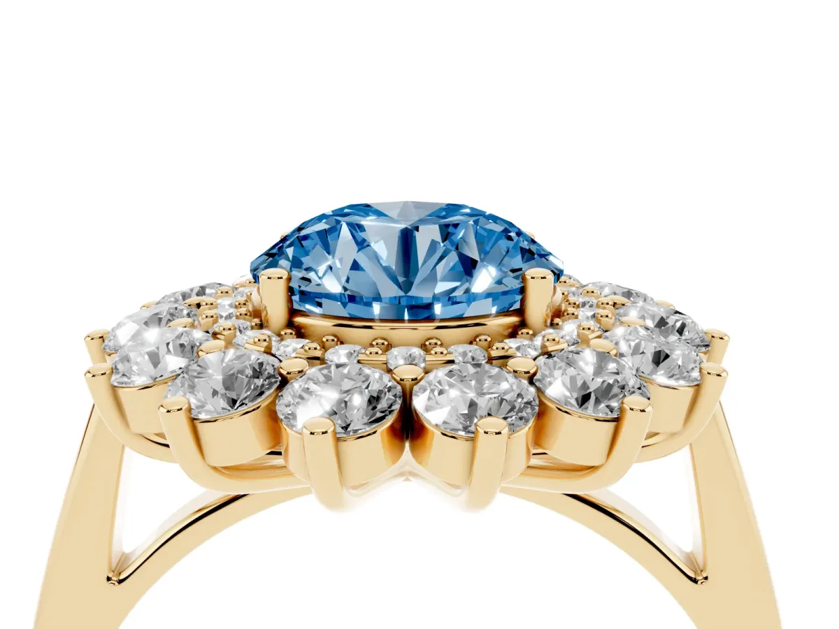 Fancy Blue Round Cut Diamond Floral Double Halo Engagement Ring with Prong Setting Yellow gold