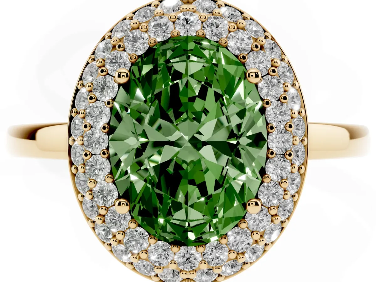 Fancy Green Oval Cut Halo Diamond Engagement Ring with Solitaire Band and Four-Prong Setting Yellow gold