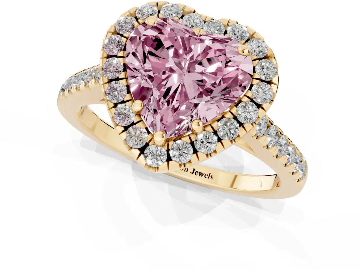 Fancy Pink Heart Cut Halo Pavé Diamond Engagement Ring with Four-Prong Setting Yellow gold