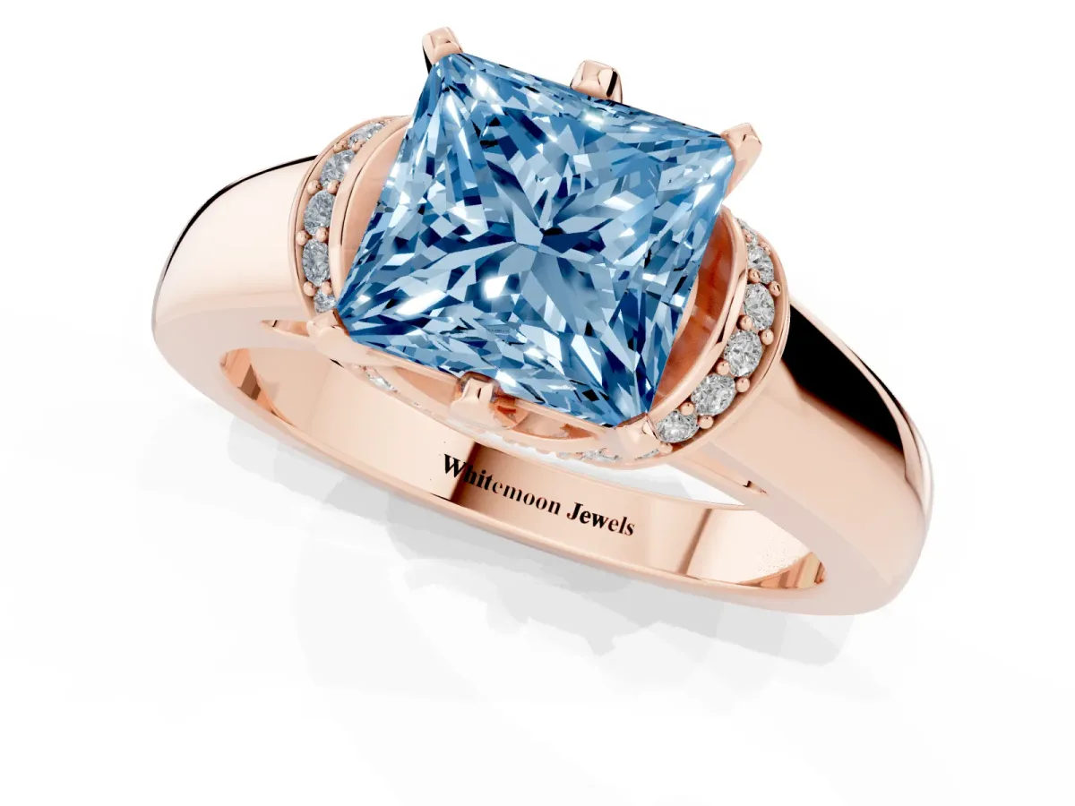 Fancy Blue Princess Cut Solitaire Diamond Ring with Pave Band and Six-Prong Setting Rose gold