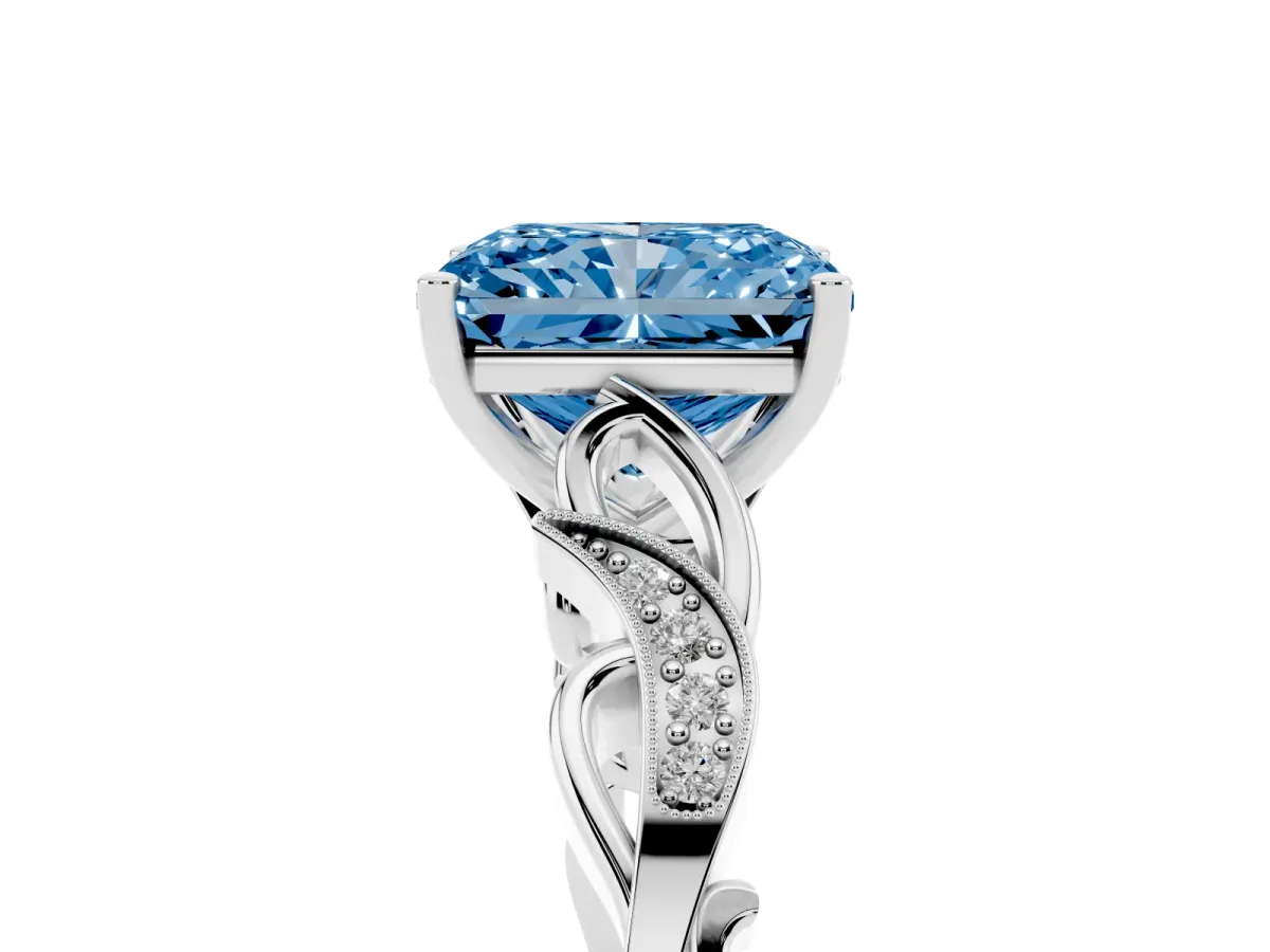 Fancy Blue Radiant Cut Solitaire Vine Band with Milgrain Prong Setting Platinum