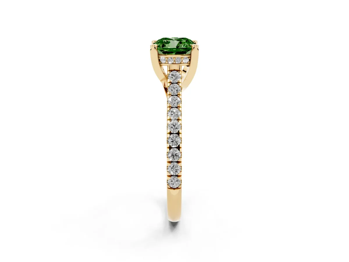 Fancy Green Cushion Cut Brilliant Diamond Solitaire with Pavé Band and Four-Prong Setting Yellow gold