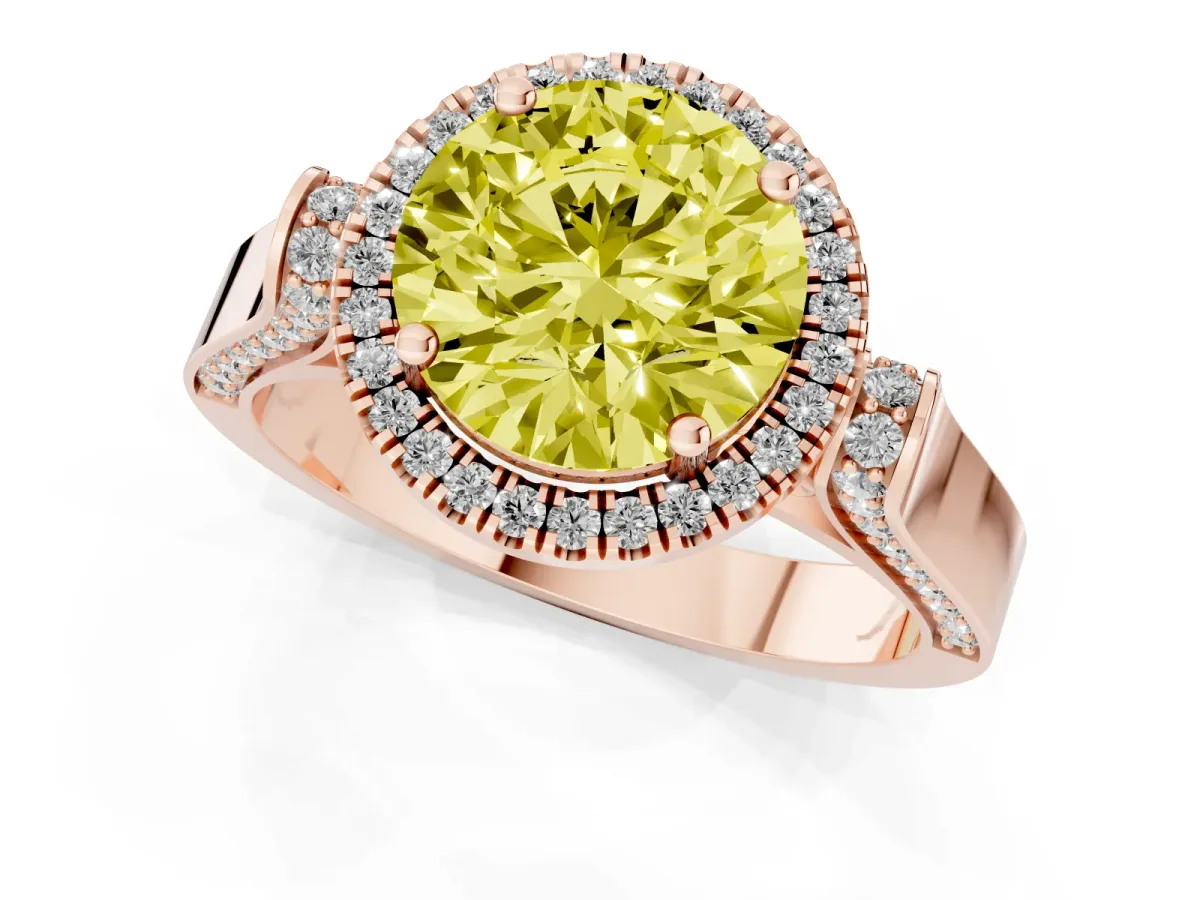Fancy Yellow Round Cut Halo Pave Split Shank Prong Setting Ring Rose gold