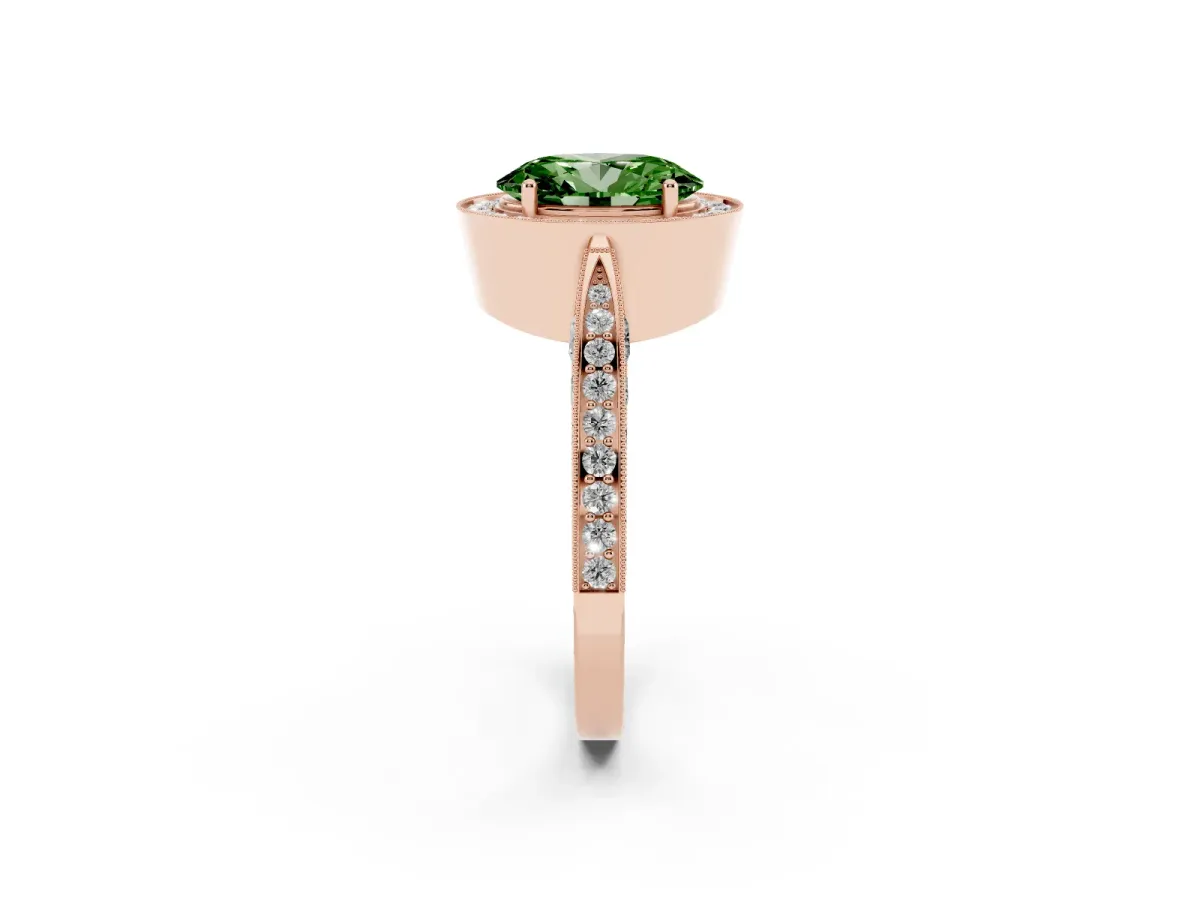 Fancy Green Oval Cut Halo Diamond Engagement Ring with Split Shank Band and Four-Prong Setting Rose gold