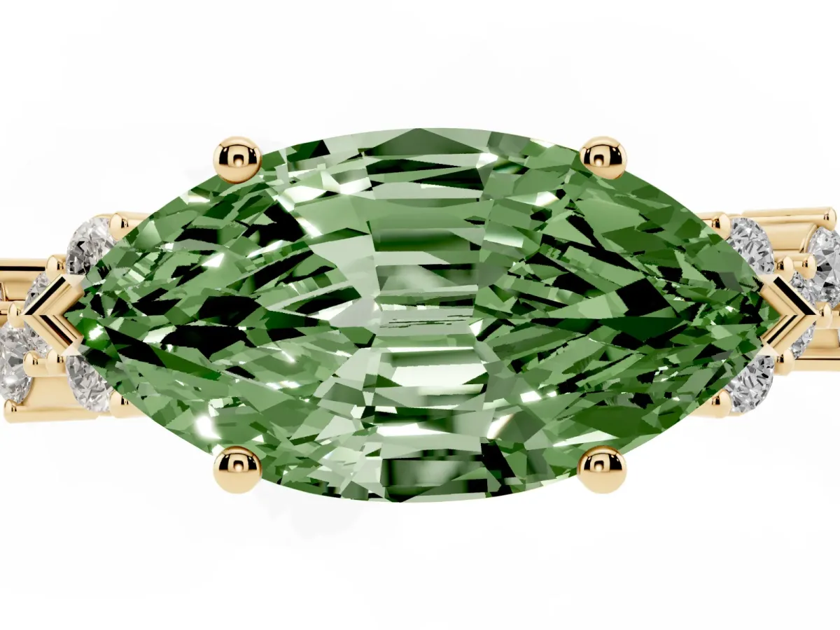 Fancy Green Marquise Cut Diamond Scattered Round Accent Ring with Prong Setting Yellow gold