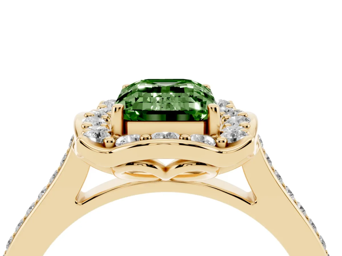 Fancy Green Emerald Cut Halo Round Diamond Pave Band with Four-Prong Setting Yellow gold