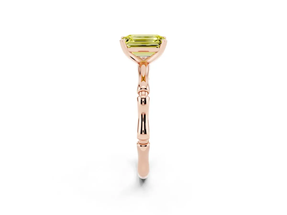 Fancy Yellow Emerald Cut Solitaire Diamond Ring with Bamboo Band and Four-Prong Setting Rose gold