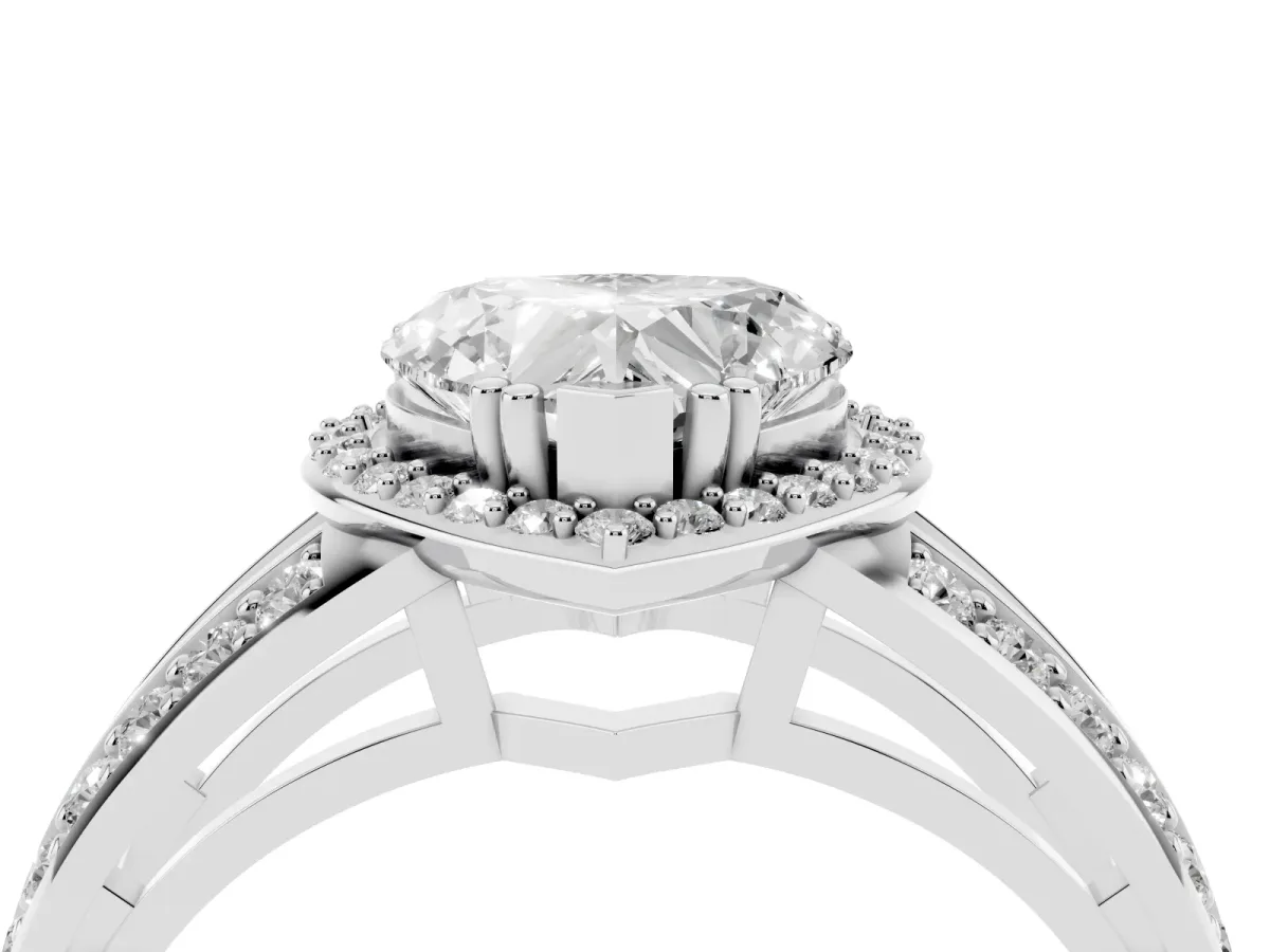 Heart Cut Diamond Halo Ring with Split Shank Pavé Band and Four-Prong Setting White gold
