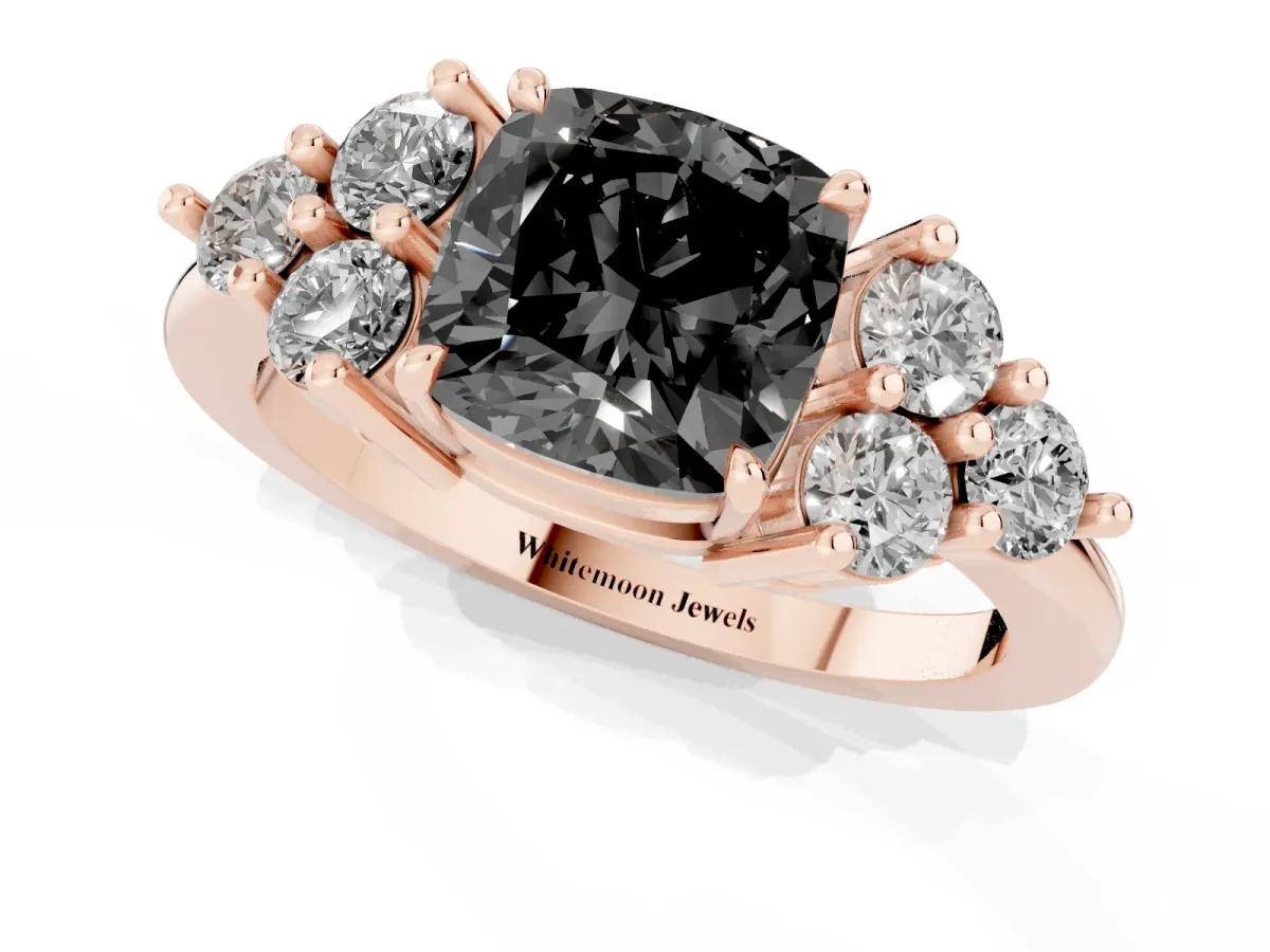 Fancy Black Cushion Cut Brilliant Diamond Cluster Accent Solitaire Ring with Prong Setting Rose gold
