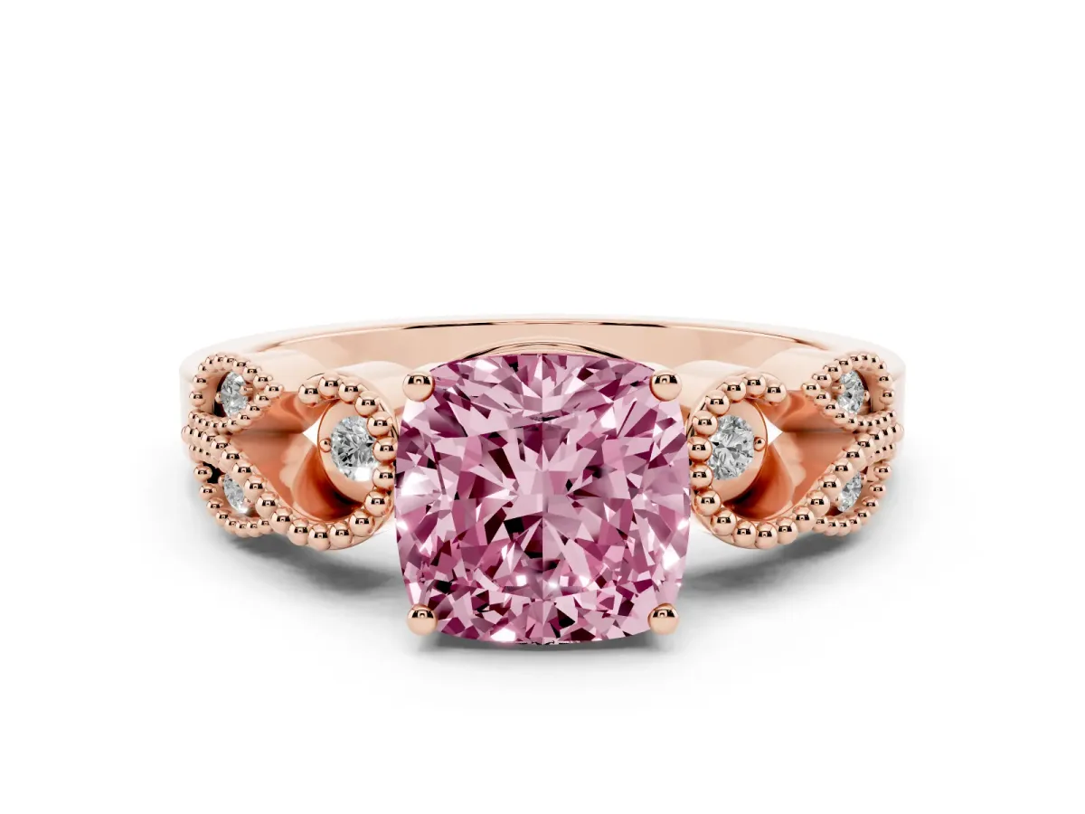 Fancy Pink Cushion Cut Solitaire Milgrain Leaf Band with Prong Setting Rose gold