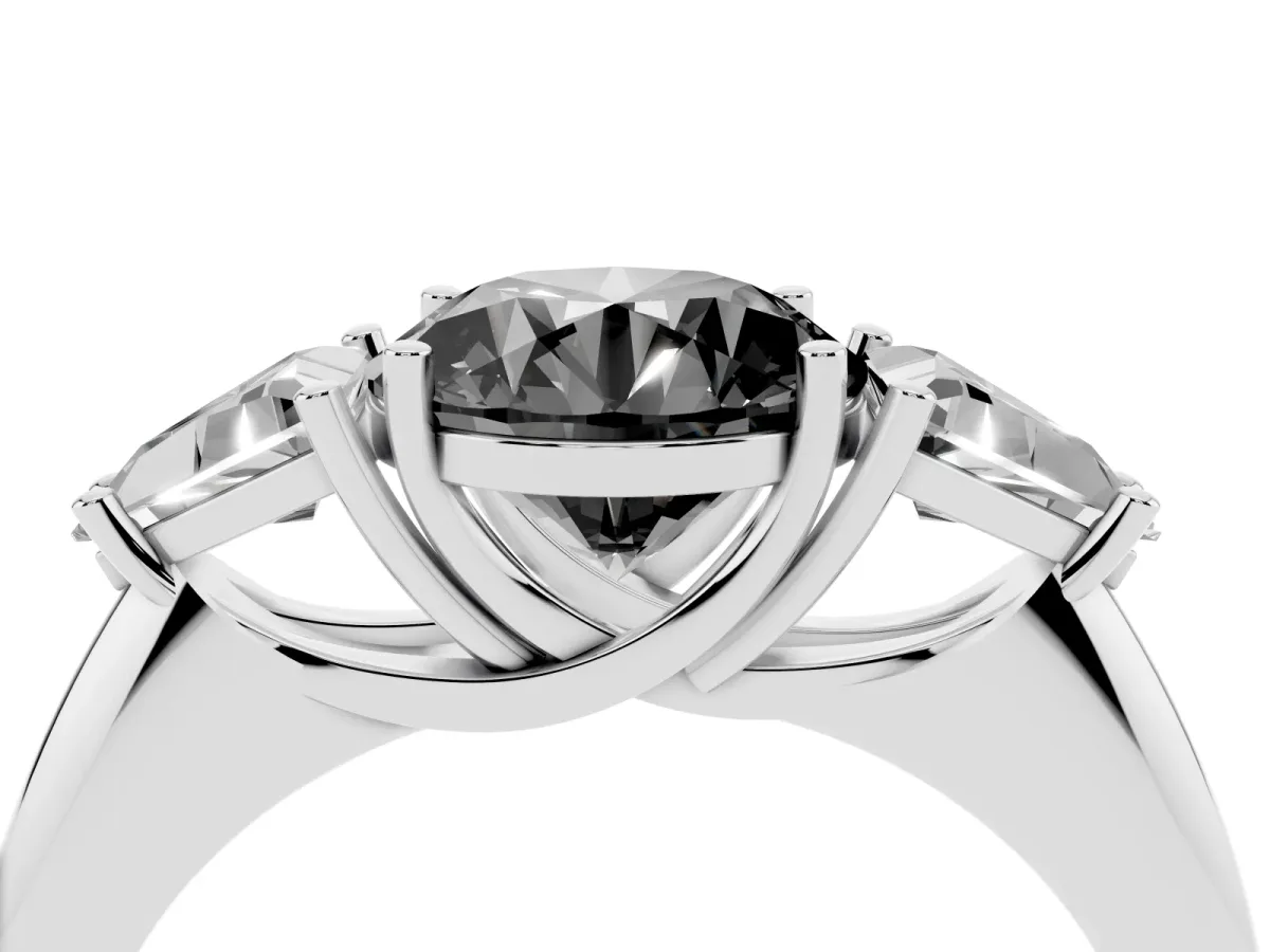 Fancy Black Three-Stone Round Cut Diamond Engagement Ring with Trillion Side Stones and Prong Setting White gold