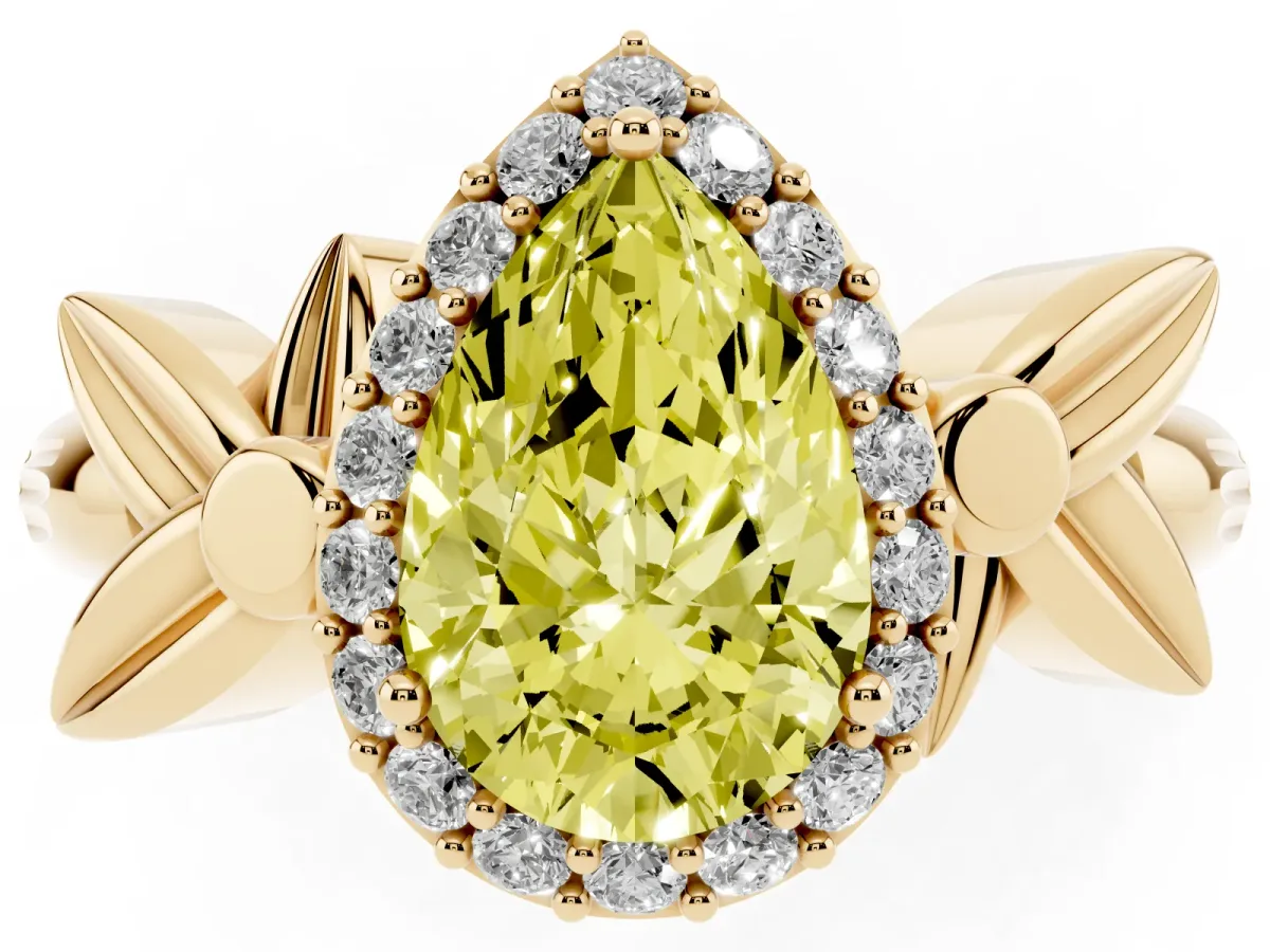 Fancy Yellow Pear Cut Halo Diamond Floral Band with Four-Prong Setting Yellow gold