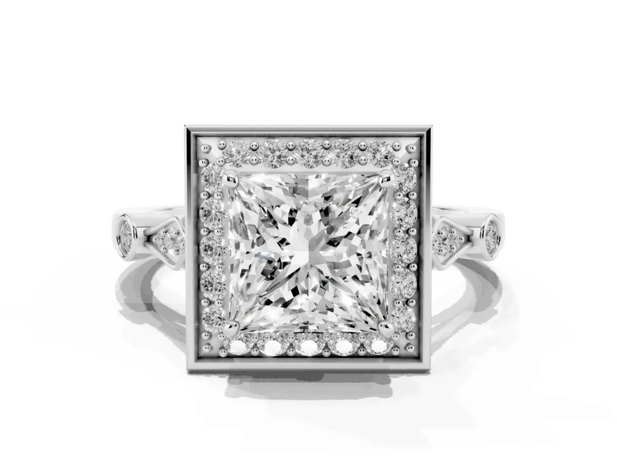 Princess Cut Halo Diamond Engagement Ring with Twisted Band and Four-Prong Setting Platinum
