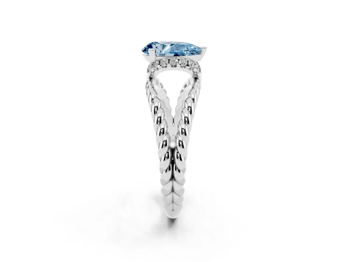 Fancy Blue Pear Cut Halo Twisted Band Four-Prong Ring Silver