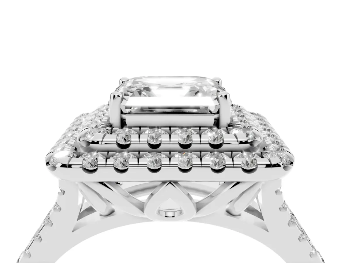Double Halo Asscher Cut Diamond Pavé Split Shank Ring with Prong Setting Silver