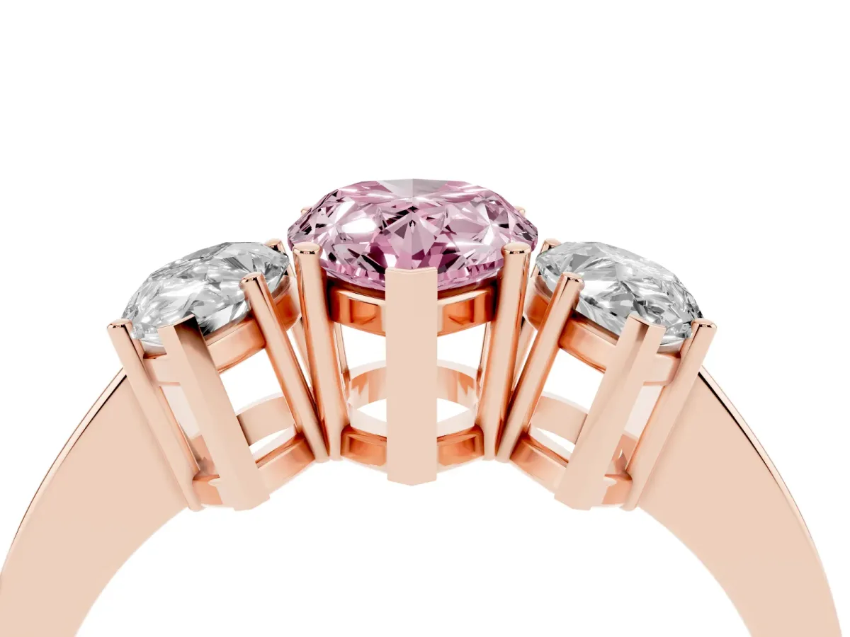Fancy Pink Three-Stone Pear Cut Cut Diamond Engagement Ring with Flat Band and Four-Prong Setting Rose gold