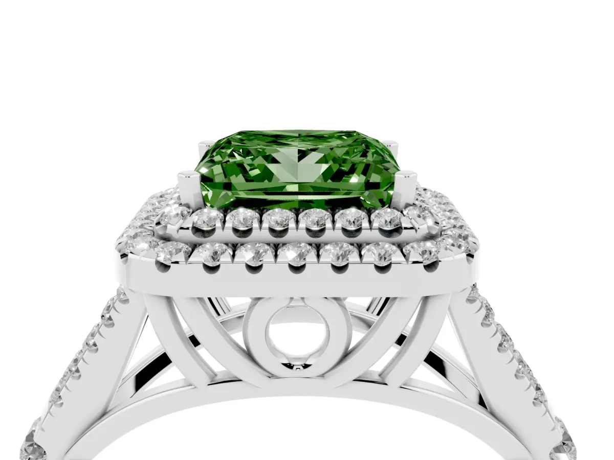 Fancy Green Princess Cut Diamond Pavé Split Shank Double Halo Engagement Ring Silver