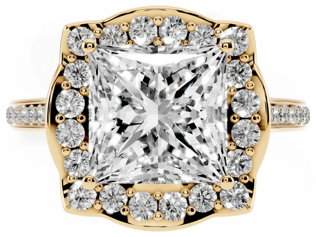 Princess Cut Halo Round Diamond Pave Band with Four-Prong Setting Yellow gold