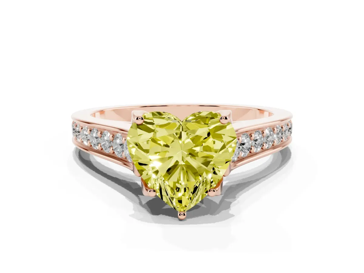 Fancy Yellow Heart Cut Brilliant Cut Diamond Engagement Ring with Pavé Band and Four-Prong Setting Rose gold