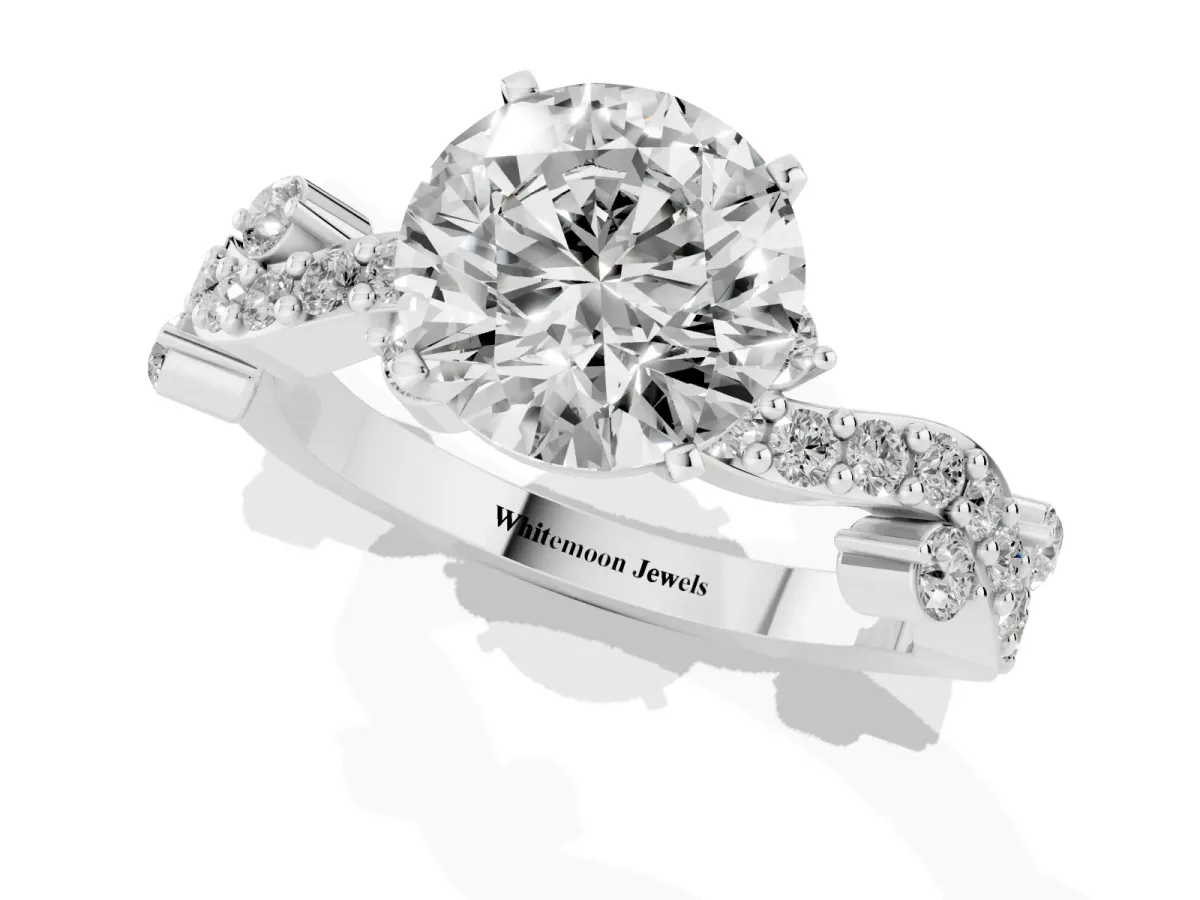 Round Cut Cut Solitaire Diamond Twisted Band with Pave Setting Silver
