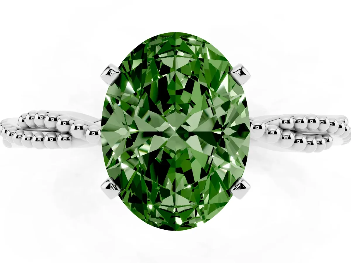 Fancy Green Oval Cut Solitaire Twisted Band with Bead Prong Setting White gold