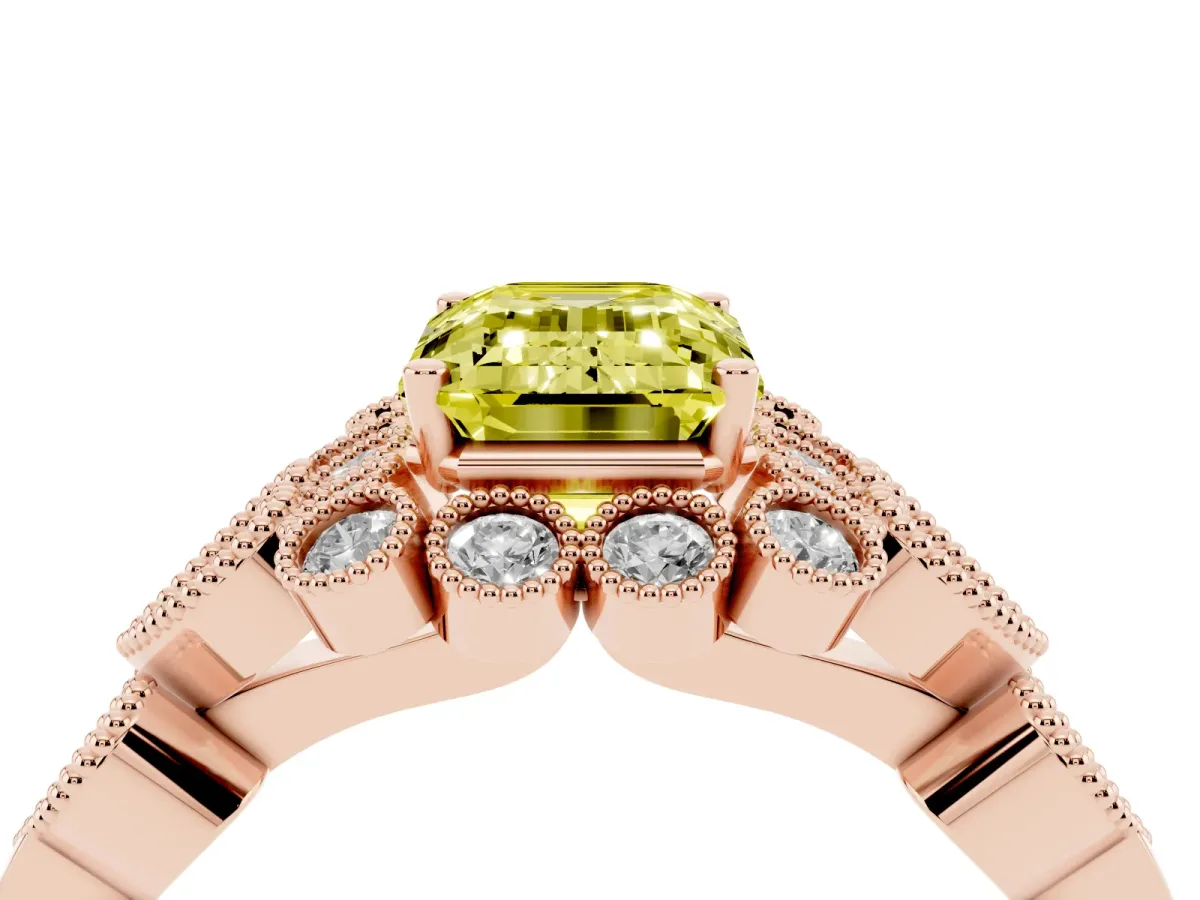 Fancy Yellow Emerald Cut Brilliant Milgrain Pave Heart Band Solitaire Ring Rose gold