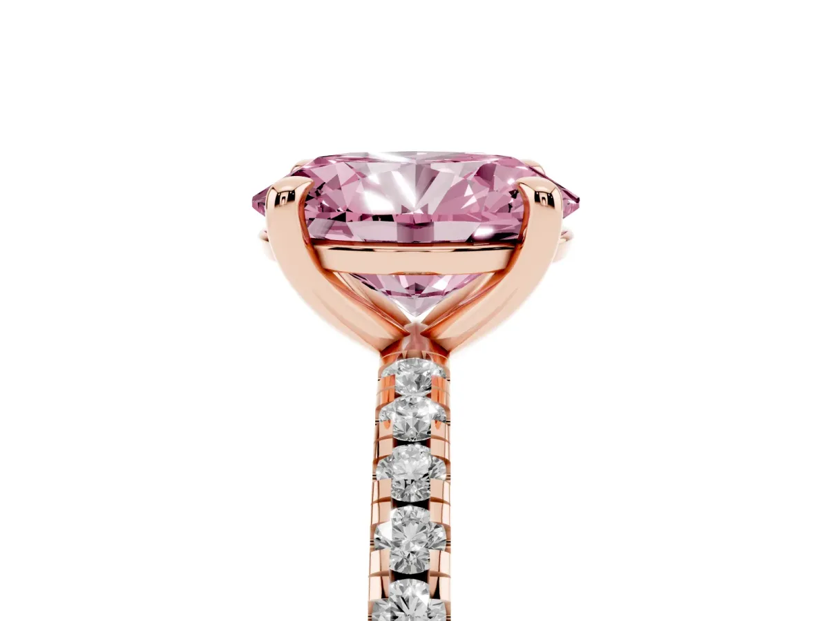Fancy Pink Oval Cut Diamond Brilliant Solitaire Ring with Pavé Band and Four-Prong Setting Rose gold