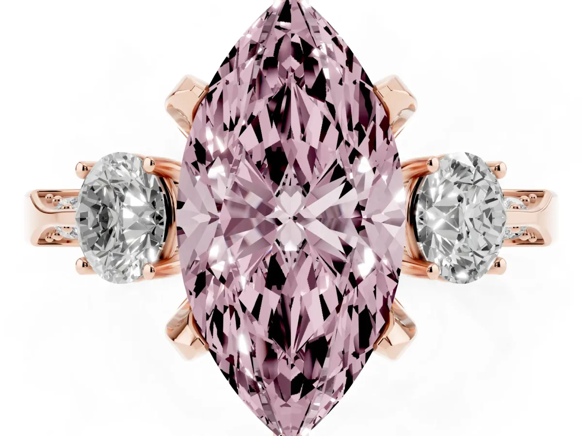 Fancy Pink Marquise Cut Brilliant Three-Stone Diamond Ring with Pavé Band and Four-Prong Setting Rose gold