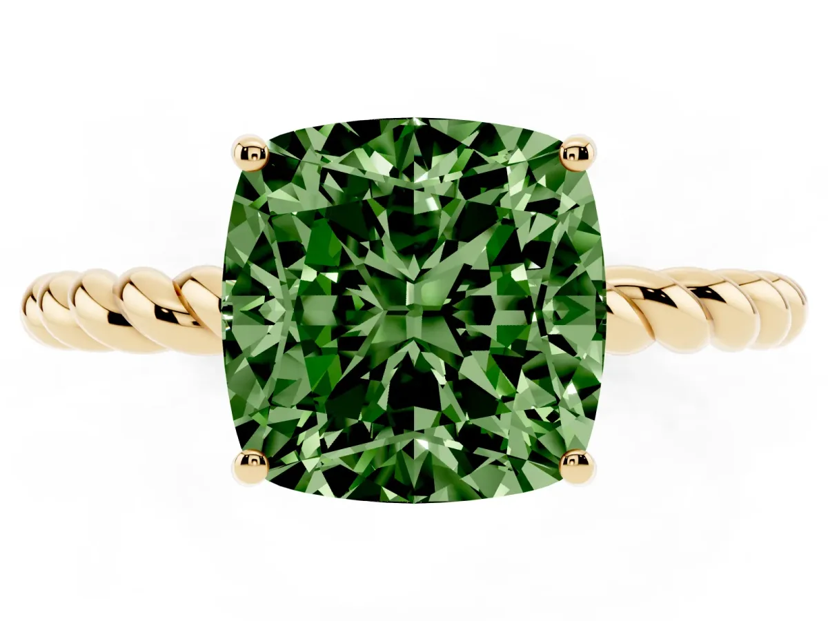 Fancy Green Cushion Cut Solitaire Twist Band Ring with Four-Prong Setting Yellow gold