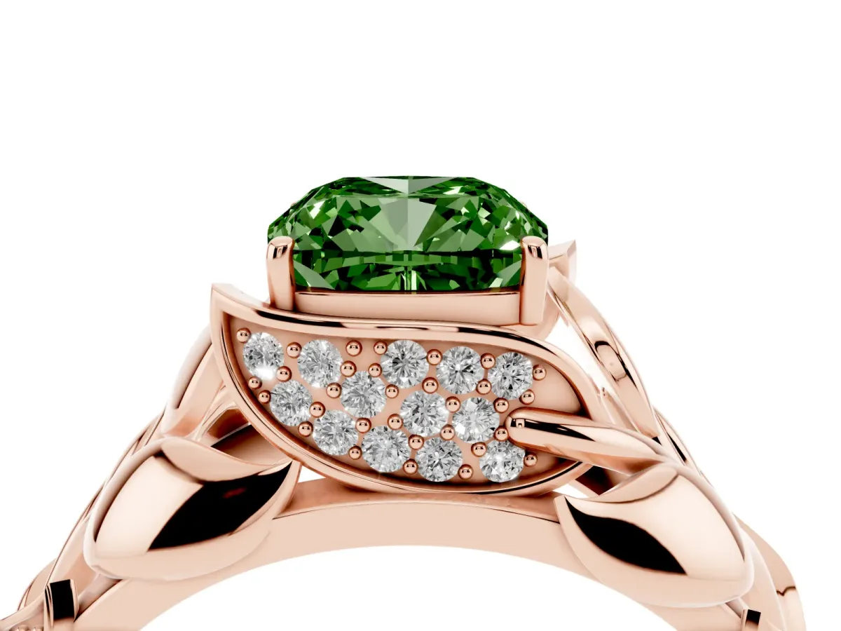 Fancy Green Cushion Cut Diamond Leaf-Inspired Engagement Ring with Round Accents and Prong Setting Rose gold